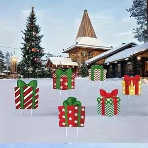 6-Piece Christmas Lawn Stakes Set, Plastic Outdoor Garden Yard Decorations, Holiday Gift Box Signs, No Power Needed, Home & Outdoor Walkway Use