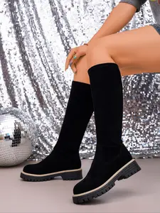 Women’s Stylish Elastic Long Fashionable Boots, Comfortable Fabric Mid-Calf Motorcycle Riding Boots, Trendy and Durable Footwear for Fall & Winter, Casual Daily Wear, Winter Boot Shoes Rubber