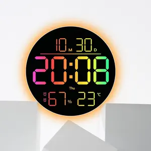 Large Digital Display Wall Clock, 8 RGB Color LED Night Light, Remote Control, Auto Brightness, Dimmable, Automatic DST, Date & Week Display, Dual Alarms, Temperature, Round Wall Clock. Easter Home Decor, Wall Decor Gift for Mother's Day & Father's Day.