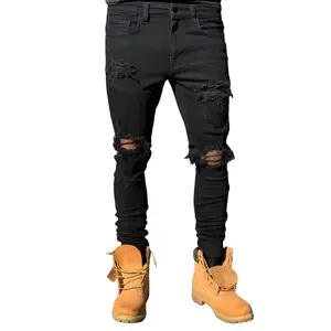 2026 Men's Ripped Denim Jeans With Stretch - Black Skinny Fit, Mid Waist, Zipper Fly, All-Season Versatility, Boho Western Style