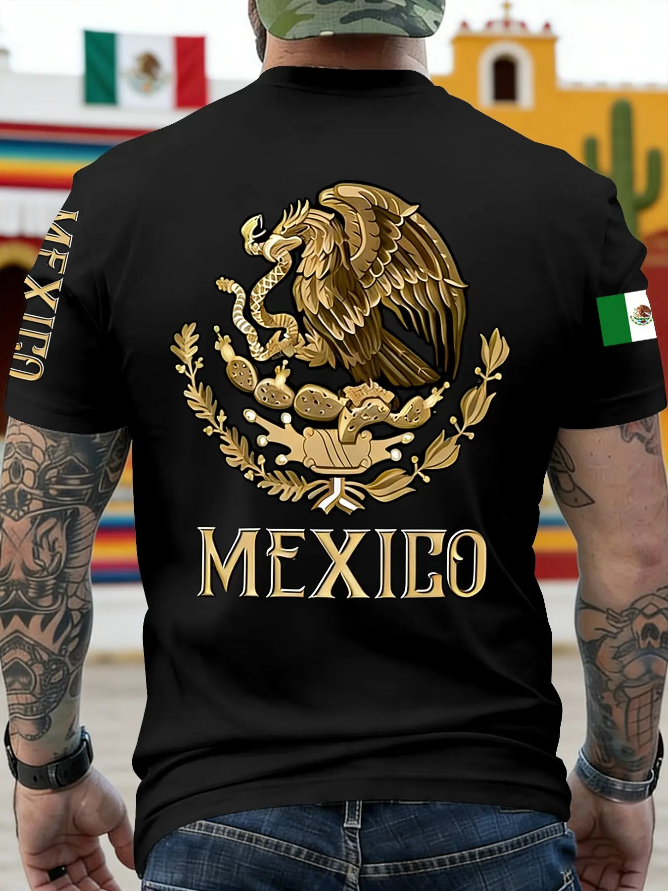 Men's Gold Mexican Emblem Round Neck Fashion Print T-Shirt, Sporty Fitness Polyester Short Sleeve Gym Top, Gym Tees, Athletic Tops, Activewear T Shirt, Gym Athletic Clothes, Casual Sportswear, Casual Daily Wear, 10 Colors Available