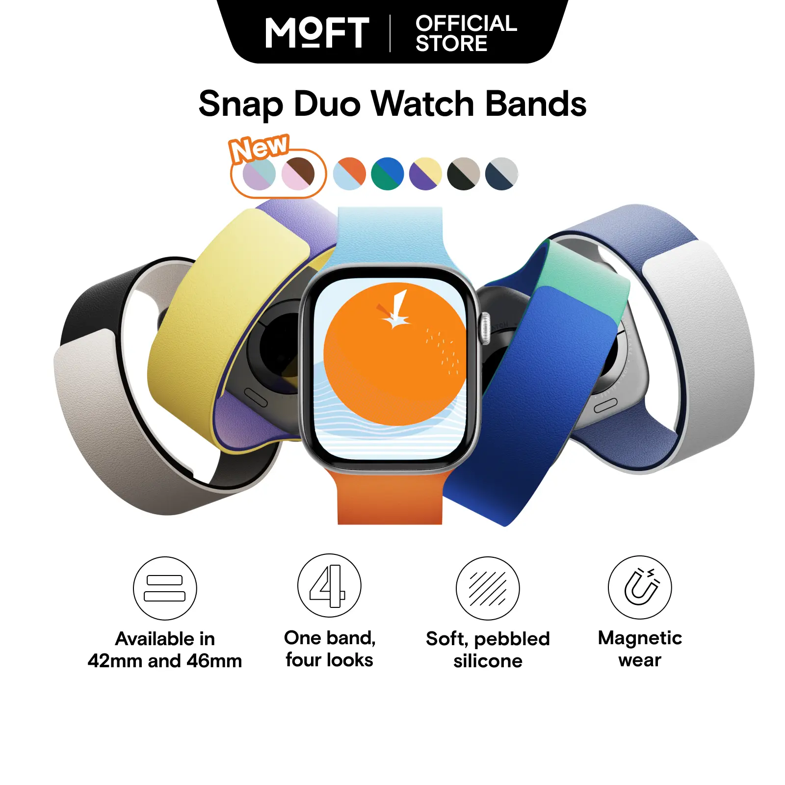 MOFT Snap Duo Watch Bands, Magnetic Apple Watch Bands for Men & Women, Dual-Color Soft Silicone Strap with Magnets and Stainless Steel Connectors, Water-Resistant, Adjustable Comfortable Fit