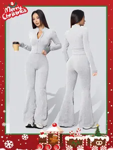 Women's Fashion Ribbed Two-Piece Set, Zipper Long Sleeve Short Top & High Waist Flare Pants, Casual Elastic Long Pants Set