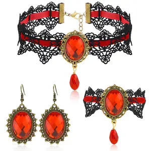 Gothic Choker Necklace Halloween Jewelry Set for Women, Red/Black Choker Goth Lace Witch Costume Jewelry, Witchy Vampire Masquerade Steampunk Victorian Lolita Renaissance Costume Accessories for Woman,Valentine's Day Gift