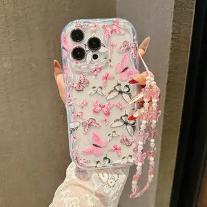 Butterfly Pattern Transparent Full Cover Ripple Soft Protection Shockproof Case with Butterfly Lanyard, Fits Apple iPhone 17 Pro Max/16 Pro/15/14 Series