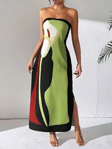 Women's Color-Block Strapless Summer Dress With Slit, Vacation Style