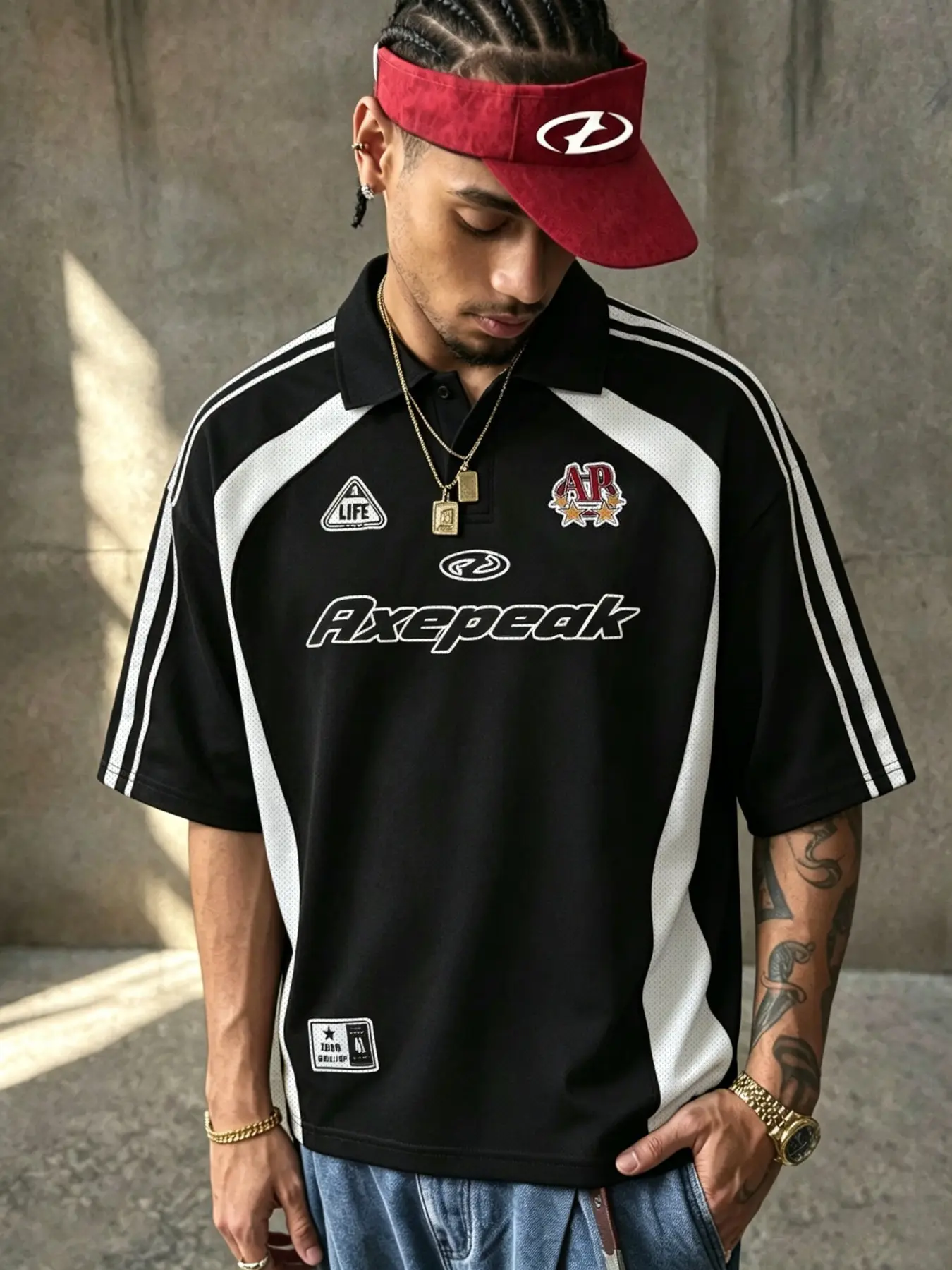 Men's Street Style Polo Shirt, Loose-Fitting Oversized Baggy Breathable Short Sleeve, Colorblock Letters Striped Design, Sporty Mesh Top, Trendy Casual Wear, Sporty Polo Shirts, Menswear, Streetwear