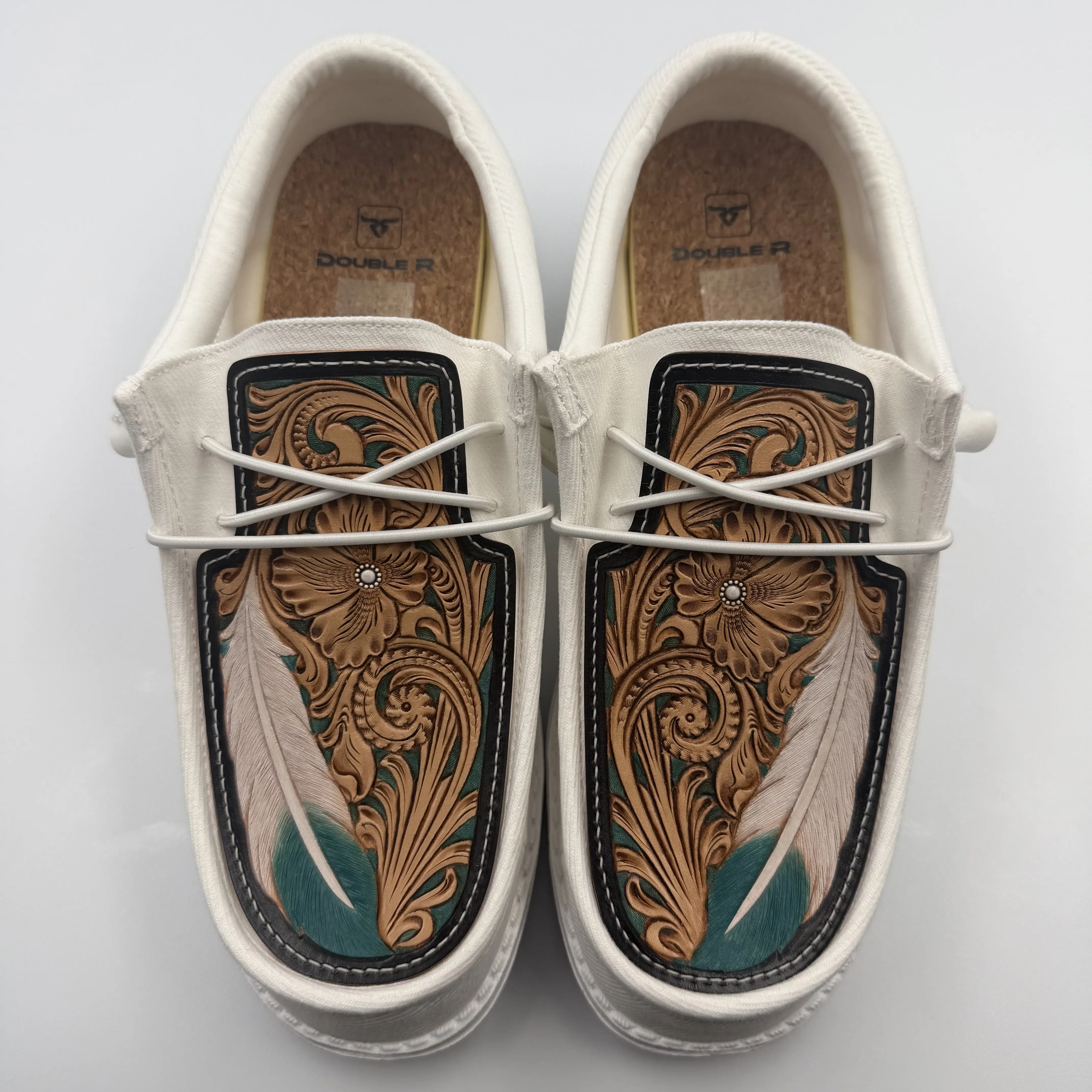 Double R Western Tooled Leather Shoes (All White - Turquoise Feather)