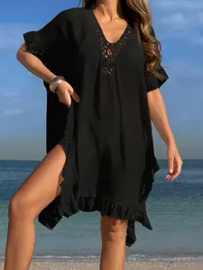 Women's Solid Color Hollow Out Crochet Cover Up Dress, Casual Ruffle Trim Cover Up Dress for Beach Holiday Vacation, Ladies Clothes for All Seasons