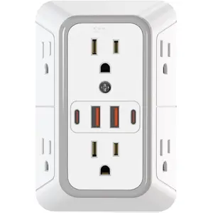 Outlet Extender Surge Protector, 6 Outlets, 4 USB Ports (2 USB-C), 3-Sided Wall Adapter Power Strip for Home, Office, Travel
