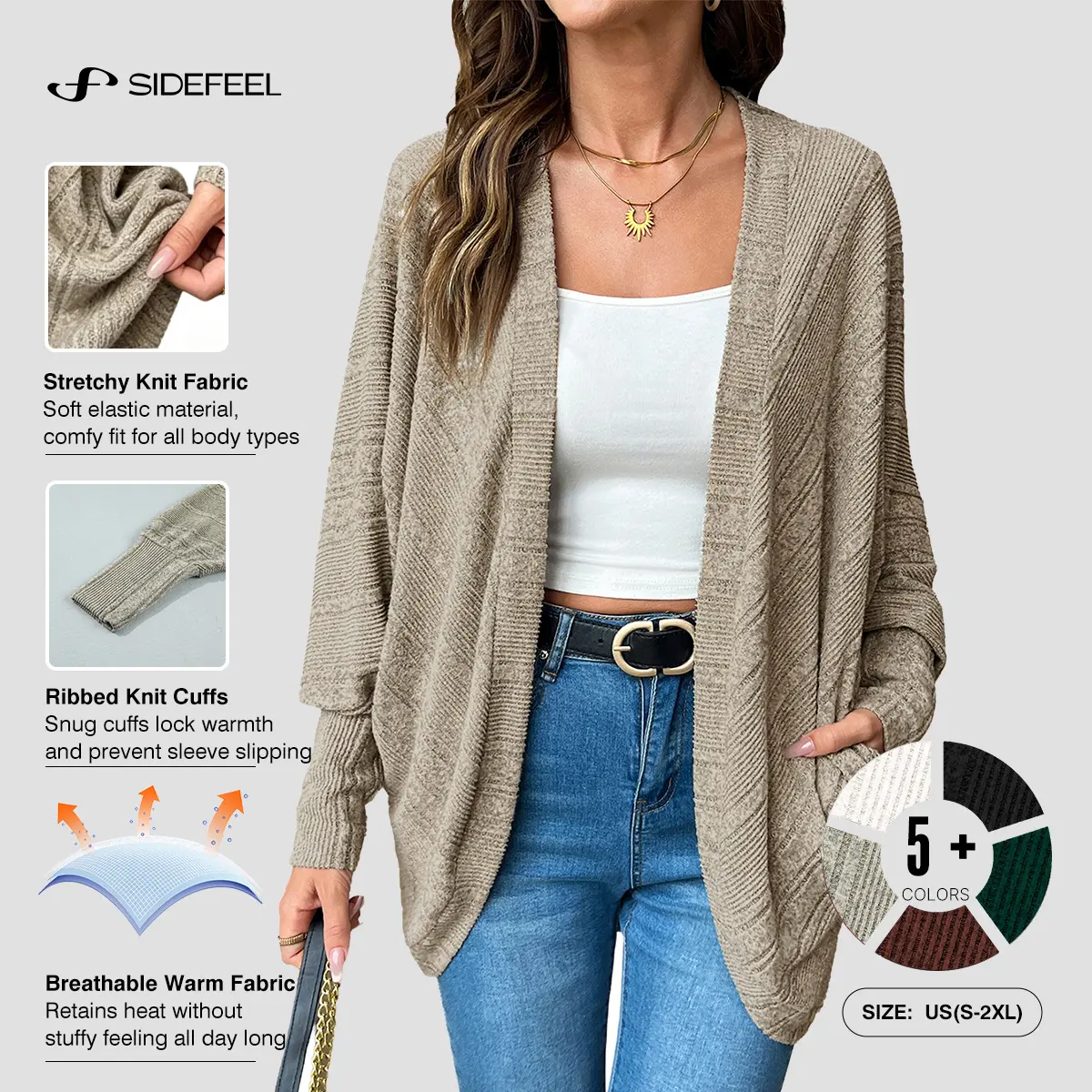 Sidefeel Womens Oversized Cardigan Sweaters Boho Lightweight Sweater | Long Sleeve, Batwing Sleeve, Knit Open Front, Shrugs, Kimonos, Trendy Cozy Cute, Holiday, Fall Outfits, Winter Clothing