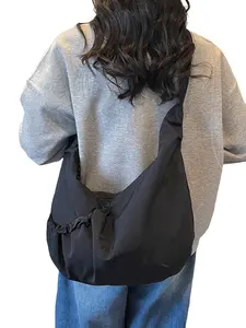 Lazy Style Pleated Tote Bag, Simple Drawstring Design, Large Capacity Casual Shoulder Bag, Student Commute School Crossbody Bag