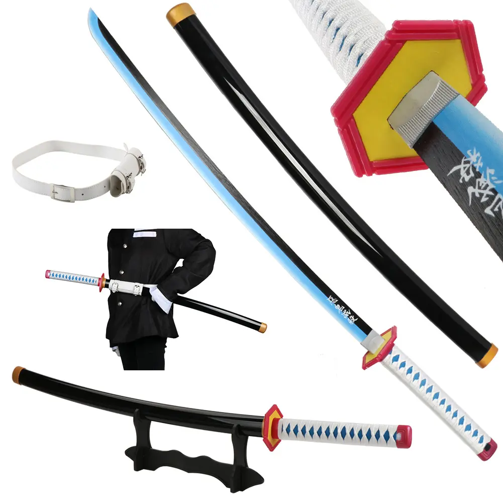 Unisex 41-in Anime Demon Slayer Tomioka Giyuu Bamboo Wooden Dull Blade Cosplay Sword, Plastic Handle & Scabbard, Belt Holder & Stand Display, Safe for Role-Playing Collection, Halloween/Christmas/Birthday Decoration, 1 X 41 Inches Demon Slayer Cosplay Swo