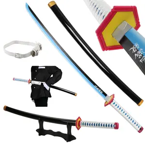 Anime Bamboo Wooden Dull Blade Demon Slayer Sword Cosplay Tomioka Giyuu 41 Inches with Belt Holder Stand Display for Role Playing Collection Safety Use Plastic Handle Scabbard