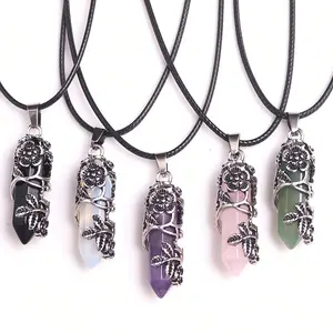 20/40 Pieces Hexagonal Column Wrapped Flower Natural Stone Pendant with Black Faux Leather Necklace Chain Set, Suitable for DIY Jewelry Craft Making, Casual Accessories and Gift Giving