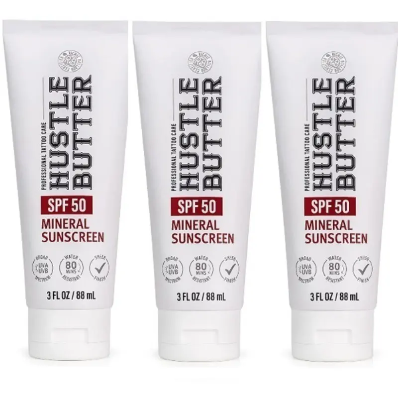 【Buy 1 Get 2 Free】Hustle Butter Mineral SPF50 Tattoo Sunscreen Lotion 3 oz, Water Resistant UV Protection Tattoo Aftercare Cream