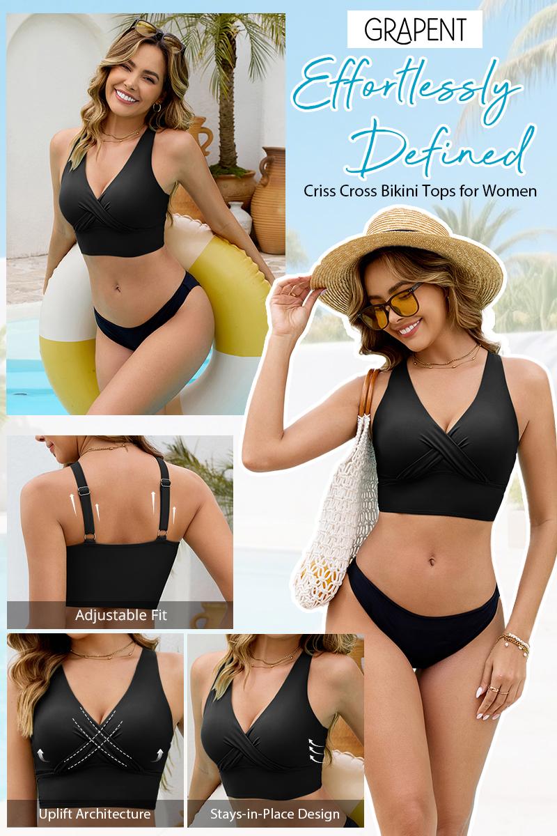 GRAPENT Bikini Top for Women Cropped Tankini Tops Beach Vacation Criss Cross Ruched Padded Bathing Suit Swim Top Only