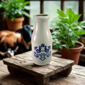 Pfaltzgraff Stoneware Yorktowne 8 1/8" Milk Jug Bottle Vase Birds USA Vintage Blue Floral Design