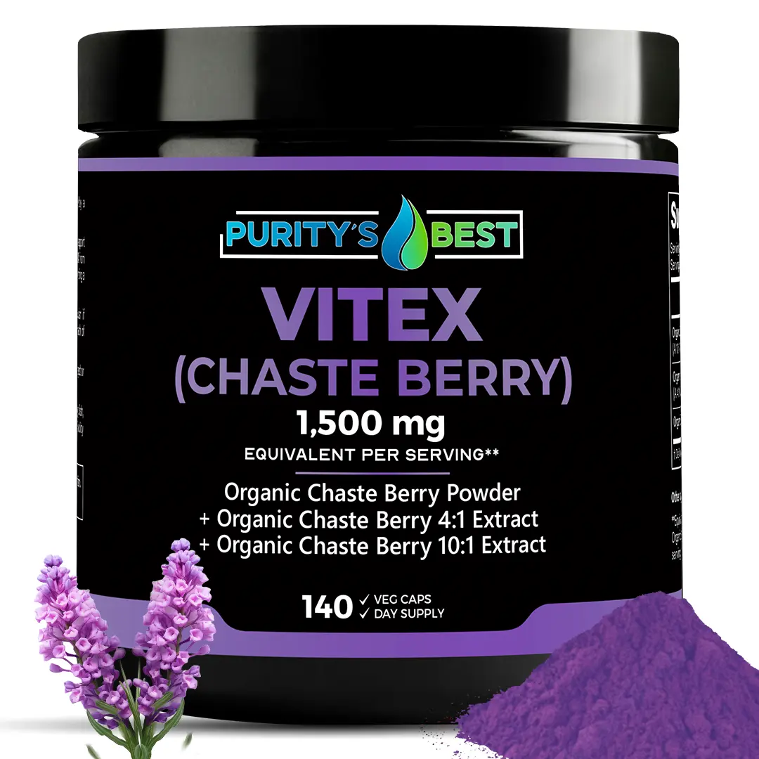 Purity’s Best VITEX (CHASTE BERRY) POWDER + 4x + 10x EXTRACT, Menopausal & Hormonal Balance Support, Fertility and Menstrual Cycle Support