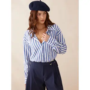 Cider Linen-blend Long Sleeve Striped Color-Blocking Shirt Bodysuit Dealsforyou