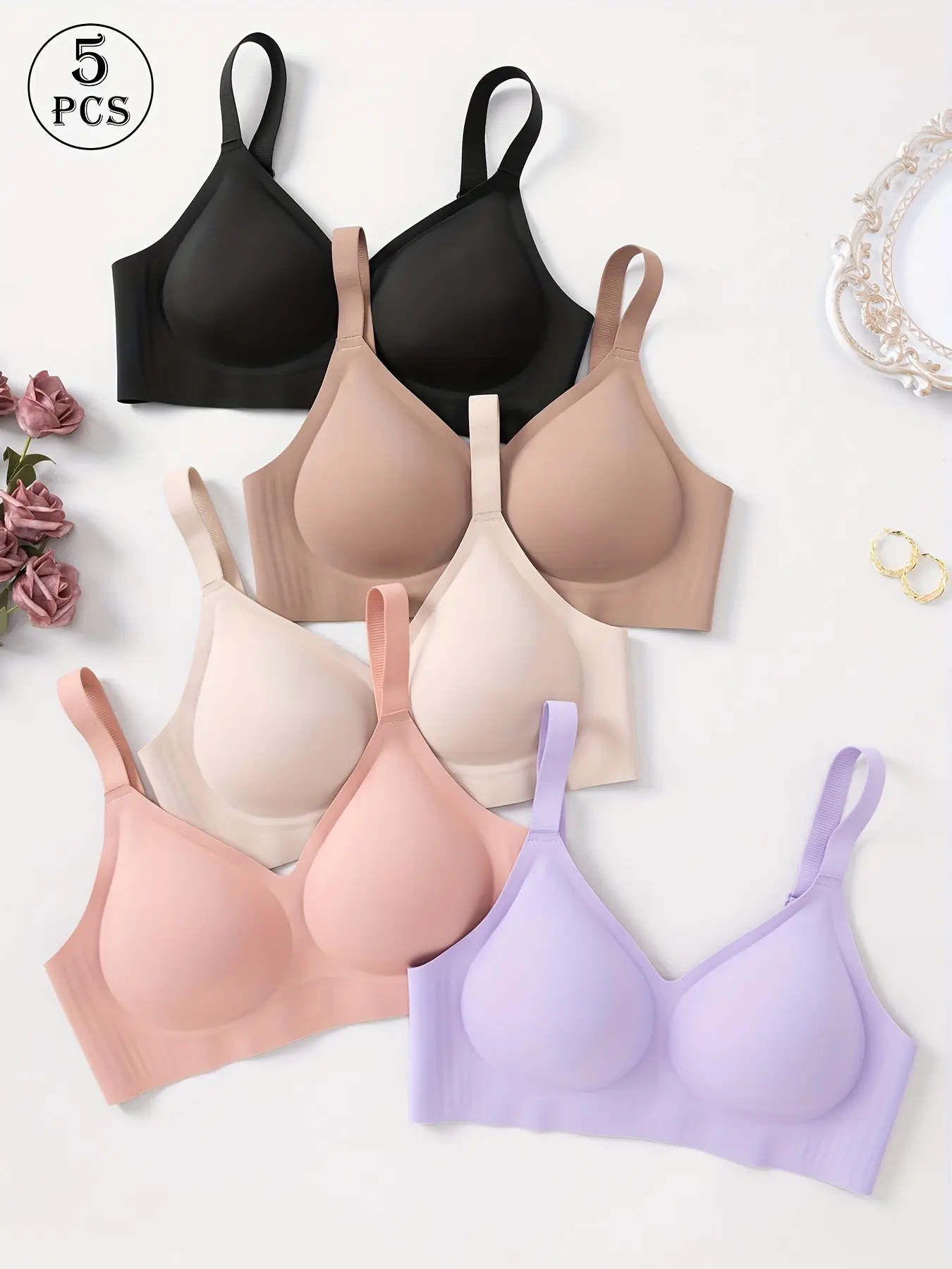 women's 5-piece solid color seamless jelly bras set, Wireless Seamless Soft Wirefree Bra, with hooks and adjustable shoulder straps, no underwire for Light Support and Smooth Back, Underwear
