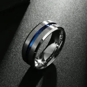 Men's wedding ring, blue line design engraved on top, casual fashion ring for men, suitable for daily wear and holiday gift