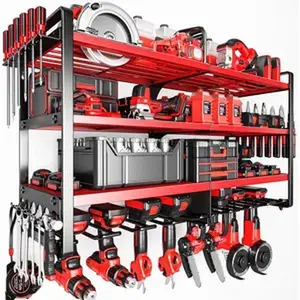 Upgrade Large power tool organizer Wall Mount,4 Layers Heavy Duty Metal Loads 400lbs Power Tool Hanger Shelf Storage with 8 Cordless Drill Bit Holder,Utility Racks for Garage Tool Room