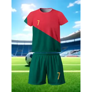 Contrast Colored Number 7 Print Boys Short-Sleeved Soccer Jersey T-shirt & Shorts Set - Comfort Fit Sports Tracksuit for Boys Training Exercise Clothing Sporty Style Football Kits