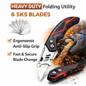 EDC Folding Utility Knife, Heavy Duty Box Cutter with 6 SK5 Replacement Blades, Retractable Safety Cutter, Quick Change Aluminum Handle, Belt Clip, Compact Tool for Home, Office, Warehouse, DIY