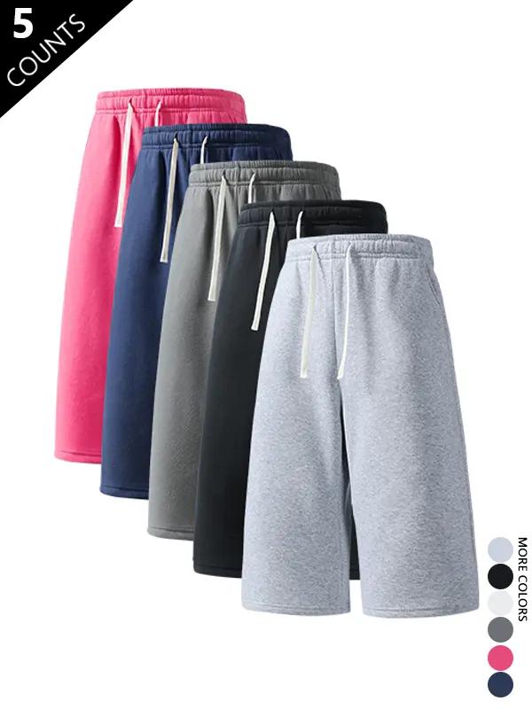 summervibesPack of 5 men’s casual athletic loose shorts: 7/8 knit drawstring shorts that are versatile for spring, summer, and autumn; men’s jogging shorts with a drawstring waist and wide legs—casual athletic pants.