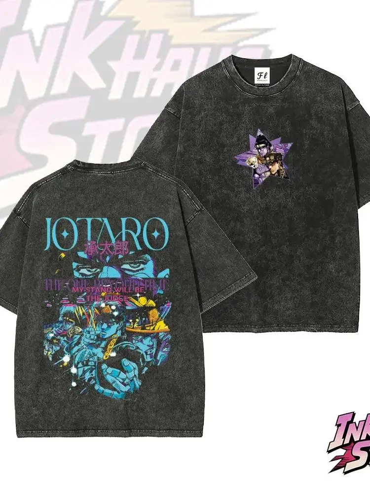 Vintage Wash T-shirt with Jotaro Kujo & Star Platinum Graphic, Unisex Comfortable 100% Cotton Short Sleeve Retro Top, Tshirt, Shortsleeve, Fabric, Fashion, Loose, Vintage T Shirts