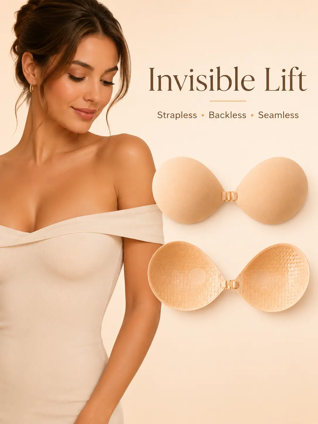 Adhesive Sticky Bra Women Strapless Silicone Push Up Bra Invisible Backless Bra with Front Closure – Reusable Waterproof No Show Bra for Wedding Dress & Daily Use Outfit Smooth