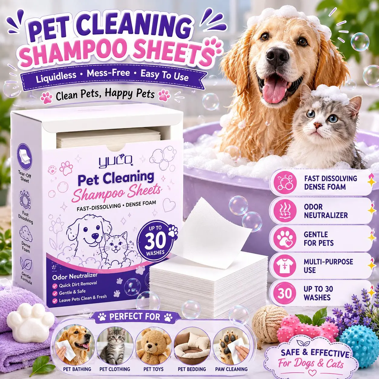Fast-Dissolving Pet Soap Sheets, Dense Foam Deep Clean Wash Sheets for Dogs & Cats, Box Pack for Pet Items Grooming & Stain Removal, Up to 30 Washes, Deep Cleaning Supplies, Rich Foam