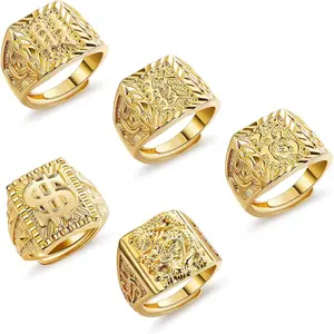 5Pcs 18K Gold Filled Adjustable Rings Set - Minimalist Stackable Bands, Kanji Rich Luck Wealth Dragon Dollar Design, Affordable Costume Jewelry for Men, Engraved Designs, Minimalistic Look