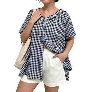 Women's Loose-Fitting Blouse with Checkered Pattern Casual Shirt Puff Sleeves Round Neckline Buttons Summer Blouse Loose Flowing Doll Top Style - Elegance, Womenswear