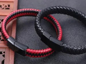 Set of 2 Red and Black Unisex Braided Leather Bracelet Magnetic Buckle Bracelets Men Genuine Leather Braided Bracelet