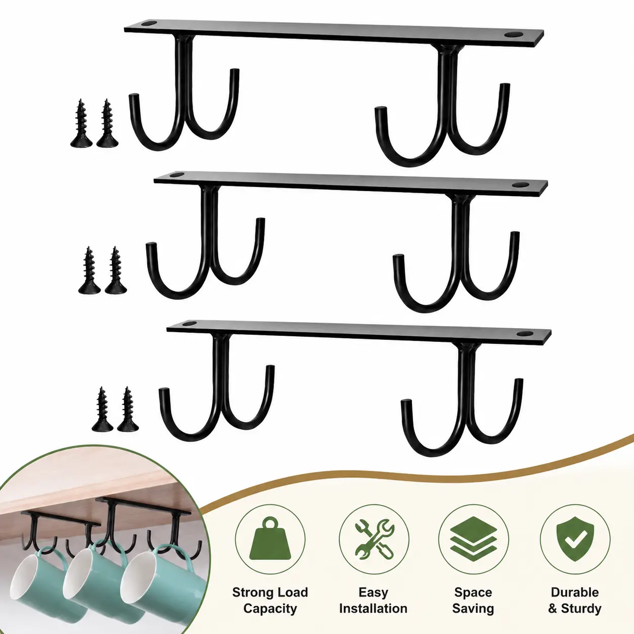 Black Metal Under Cabinet Mug Hook Set - 1 Count Smooth Decor Organiser, Screw-Mounted Cup Hanger for Kitchen Storage