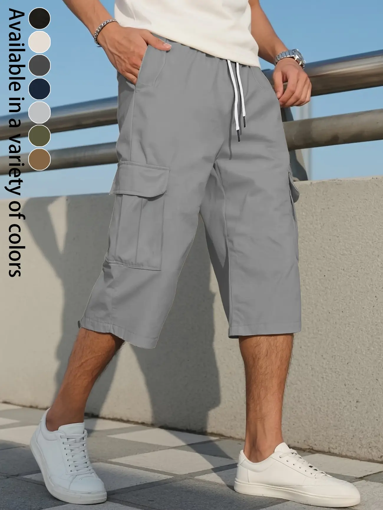 Men's Baggy 3/4 Cargo Shorts, Plain Relaxed Fit Capri Pants with Elastic Drawstring Waist and Multiple Pockets for Casual Summer Hiking, Drawstring Shorts Pants, Men's Shorts