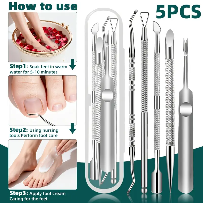Professional Nail Care Kit, Nail Tools, Nail Art Tools, Foot Care, Stainless Steel Cuticle Pusher Pen, Metal Gel Polish, Dead Skin Remover Tool, 5 Piece Manicure Pedicure Set