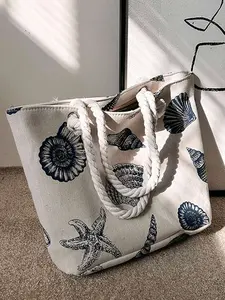 Fashionable Large Capacity Tote Bag With Shell & Starfish Pattern,School Bag,Large Capacity,Portable,For Teen Girls Women College Students