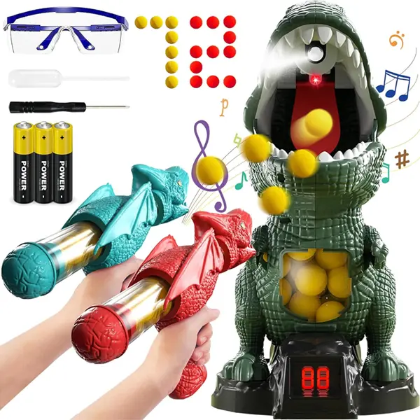 Movable Dinosaur Blaster Gun Set for Boys (3-5 Years) - 2 ABS Plastic Air Pump Blasters, Handheld Pneumatic Blasting, LED Scoring, EVA Foam Balls, Tongue-Hit Wins Rule, Sports Stress Relief, Indoor & Outdoor Game, Christmas/Birthday Gift Pack