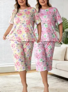 LONAGIRL Women's Plus Size 2 Complete Floral Pajama Sets (2 Tops + 2 Pants): Short-Sleeve & 7-Length Pants - Soft All-Season Lounge/Homewear with Vibrant Prints (1XL-5XL)