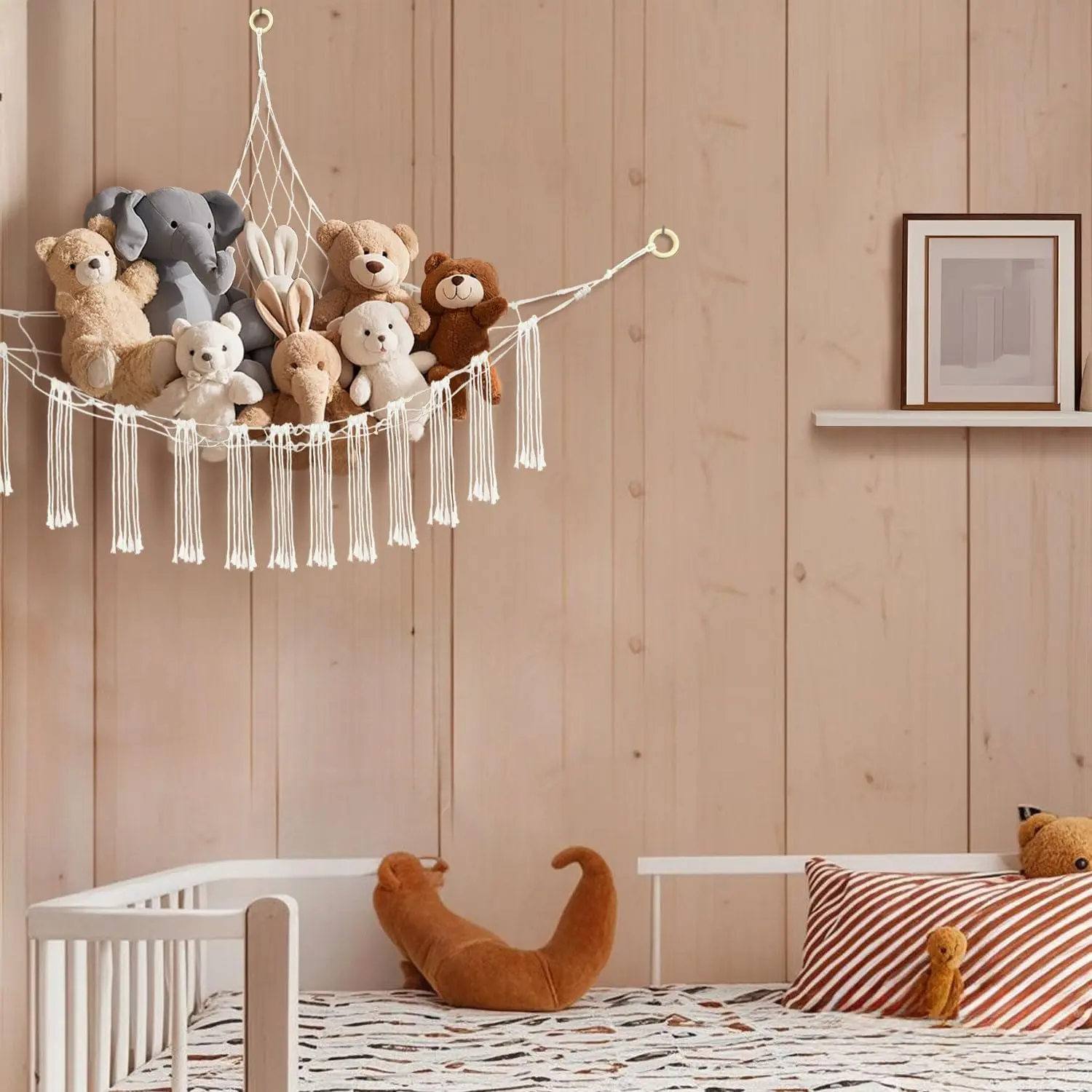 Large Corner Stuffed Animal Hammock Net, 59 x 47 Inches Cotton Plushie Storage Hammock, Wall Hanging Toy Organizer for Bedroom & Home Decor, White