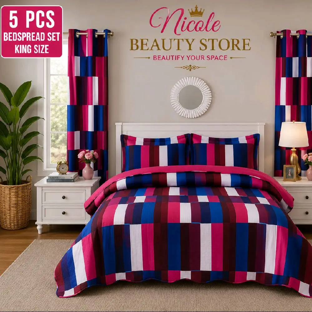 Luxury Blue Floral 5-Piece King Bedspread Set with Matching Curtains