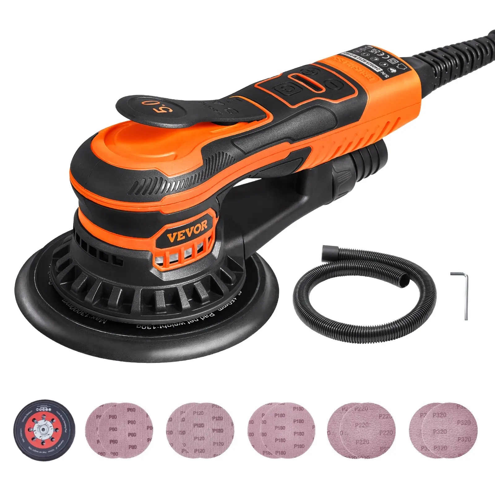 【Summerfinds】VEVOR 6-Inch Brushless Motor Random Orbital Power Tool Sander, 350W 6-Variable Speed 10,000 RPM Electric Palm Sander with 10PCS Sandpapers, Dust Connector & Hose, 0.2in/5mm Orbit, 10x5.9x4.3in, 4lbs/1.8kg, for Woodworking & Car Detailing,, Po