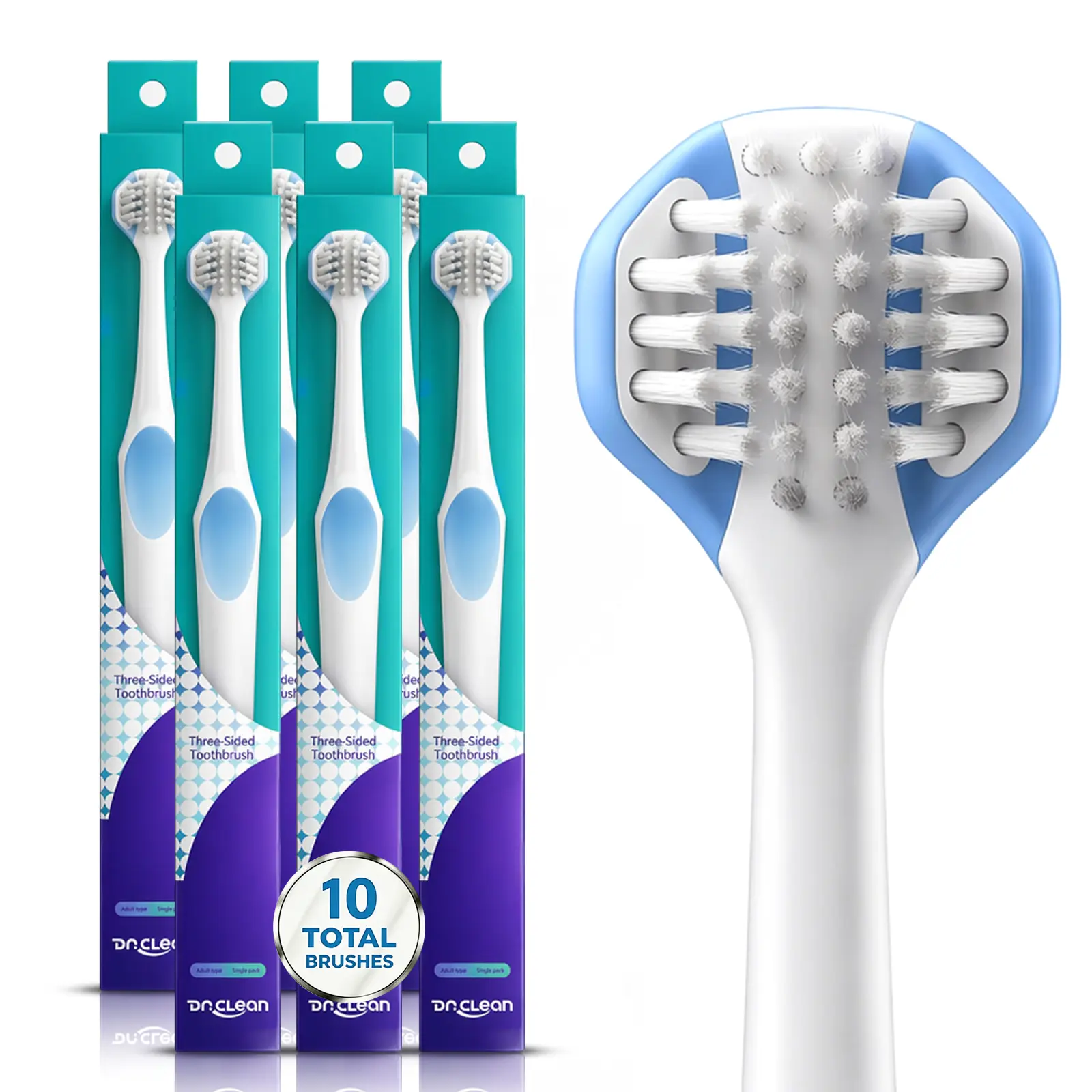 DR.CLEAN 3-Way Oral Toothbrushes with Triple-Sided Head for Deep Cleansing & Plaque Removal, Soft Bristles for Sensitive Gums & Braces, 10 Pcs Pack, Daily, Antibacterial, 3D Type, Single Stroke, Triple Head, Daily Oral Care Toothbrushes, Nylon Bristles, U