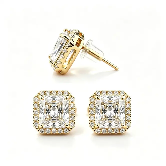 14K Gold Plated Women's 3CT Cushion Cut Square Halo Stud Earrings - Sparkly Princess Cut Earrings, Luxury Hypoallergenic Jewelry Gift for Weddings