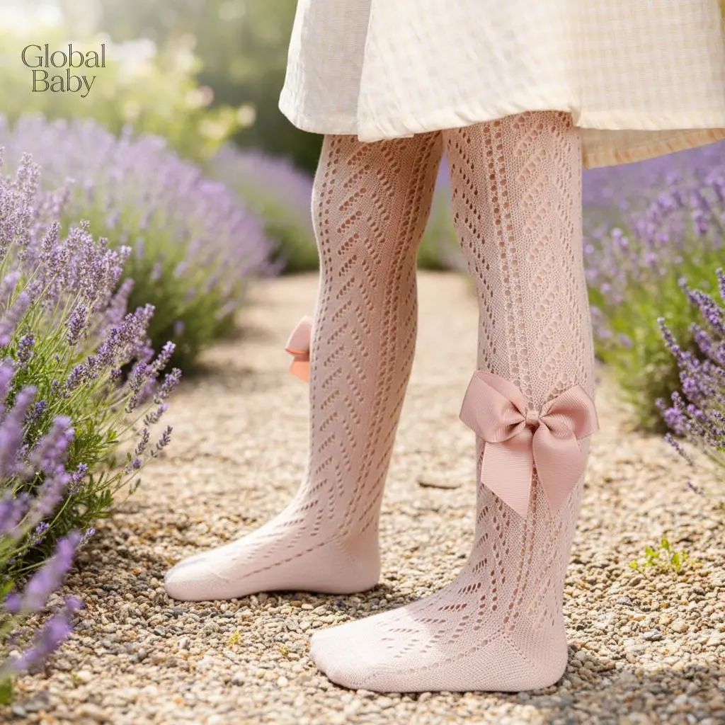 Global Baby  Seamless Cotton Cable Knit Leggings for Toddler Girls Stretchy Baby Tights with Bow Design, Spring/Summer Dance Wear Baby Girls Tights Cable Knit Seamless Leggings with Bow