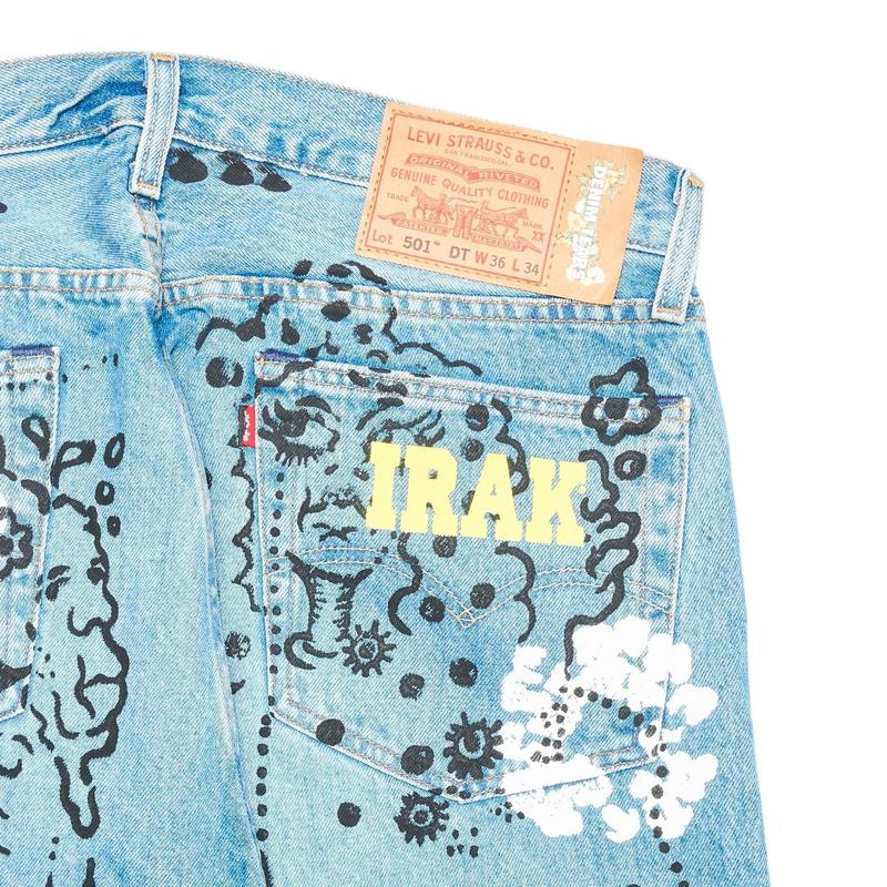 Denim Tears x Irak Levi’s 501 Wreath Logo Jeans Light Wash Vintage Indigo Black
