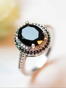 Elegant Black Ring with Synthetic Zircon, Geometric Oval Design Rings for Women Bridal Engagement Ring, Perfect Gift for Bridal Engagement, Artificial Gemstone Ring